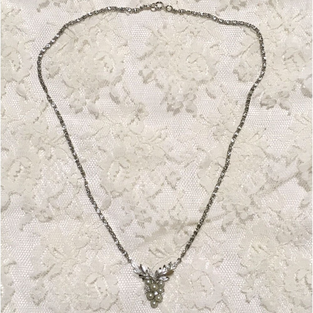 Vintage Grape Cluster Necklace Faux Pearl Rhinestones Silver Tone signed Avon